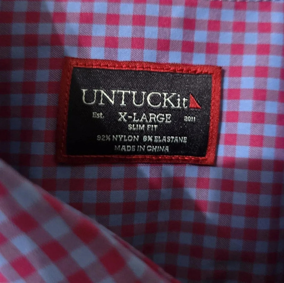 UNTUCKit Wrinkle-Free Performance Albarei Button Down Shirt, Red/Blue Check, EUC - Picture 10 of 10